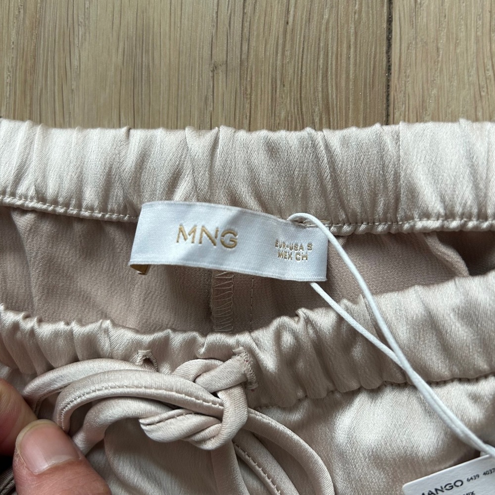 NWT Mango Satin Trousers Women S Beige Wide Leg Drawstring Pants Resortwear Airy - Picture 6 of 9
